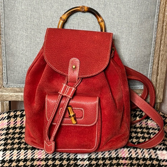GUCCI bamboo mini backpack red suede leather - Picture 1 of 15